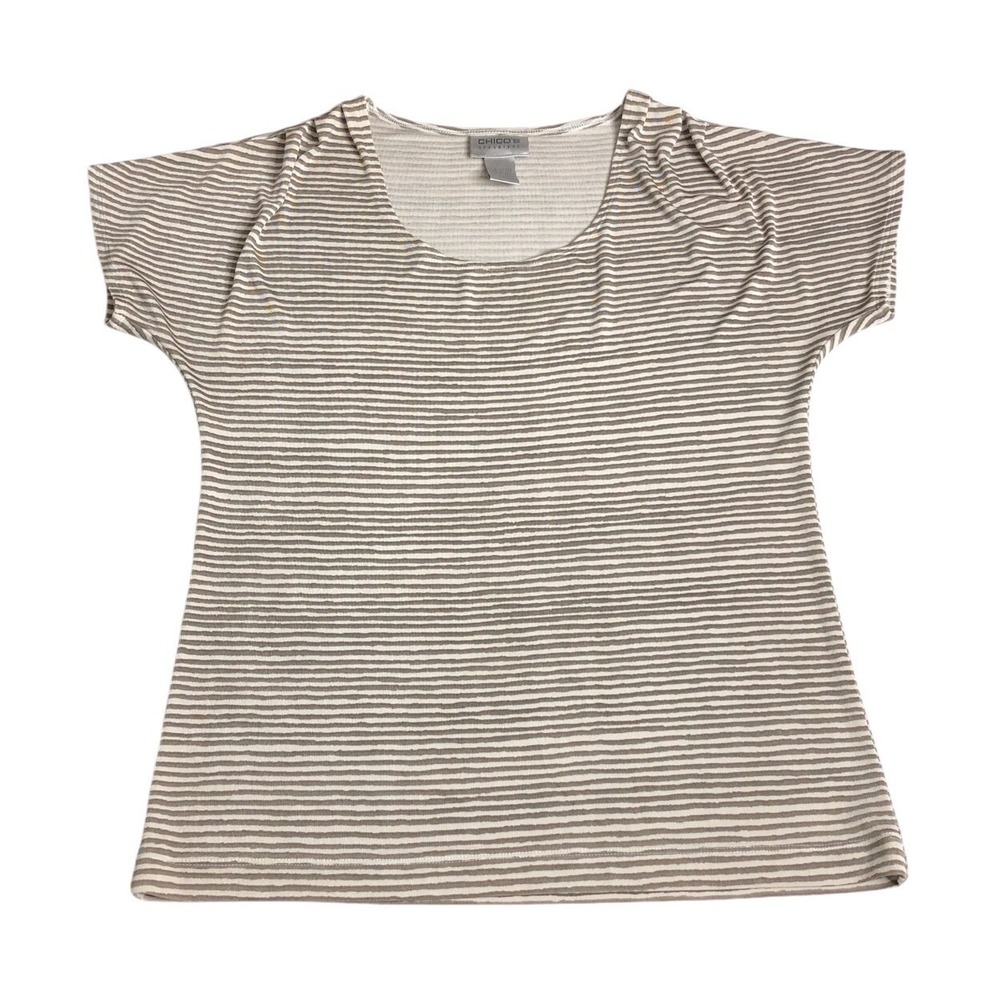 Chicos Travelers Slinky Top Womens 1 M Brown Striped Short Sleeve Pleated Shirt